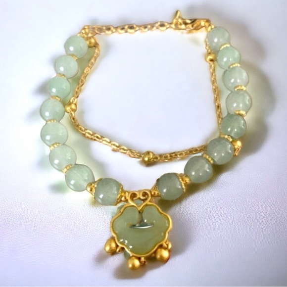 Jewelry - GREEN JADE/925 GOLD TRADITIONAL CHINESE BRACELET W/ JADE LOTUS DROP